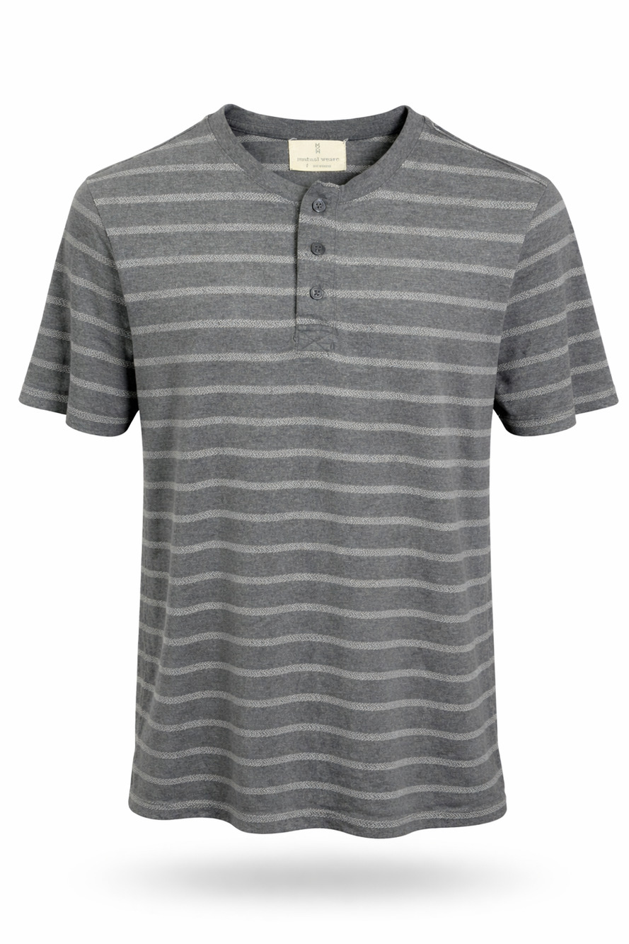 Mutual Weave Striped Henley T Shirt Gray Knit Casual Soft Cotton Blend Small